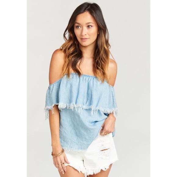 🌟 Mendocino Chambray Off the Shoulder Crop Top S - Picture 2 of 8
